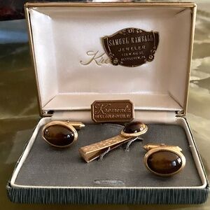 Vintage Krementz Tiger’s Eye Cufflinks & Tie Bar Set – 14K Gold Overlay –– Boxed